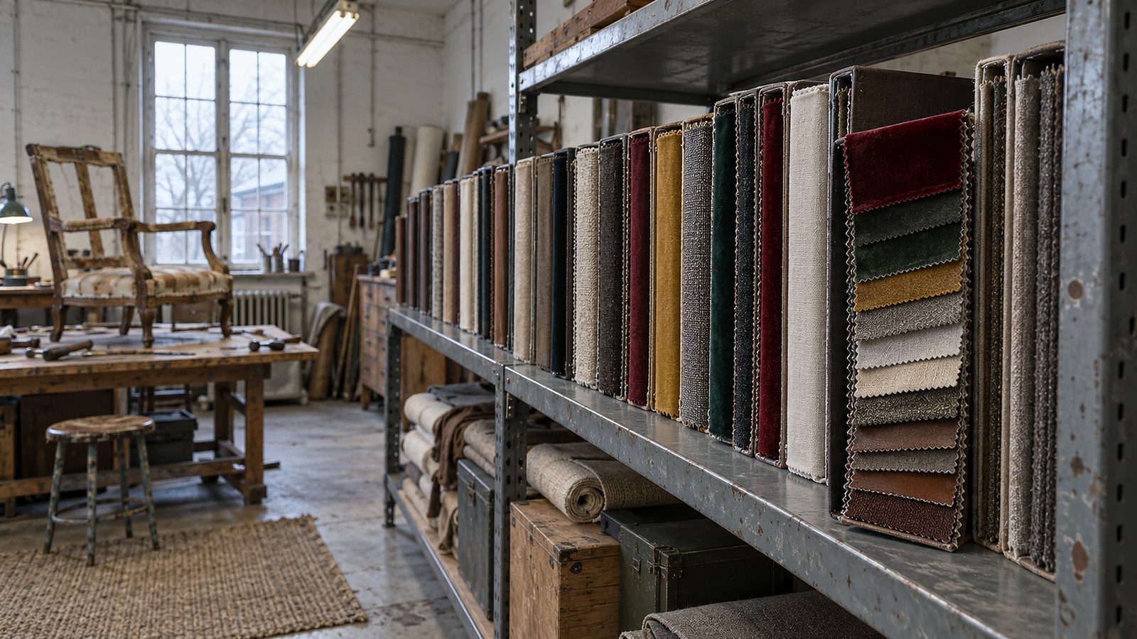 Illustration: lange Reihe Musterbücher mit Stoffkanten in Rot, Grün, Senf, Grau und Leder im Werkstattregal